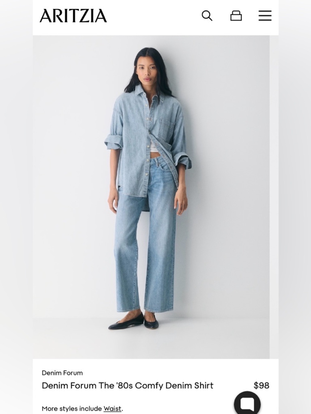 Aritzia Denim Forum The '80s Comfy Denim Shirt ~ size Medium 7 Yrs Pctr Ths Bleu